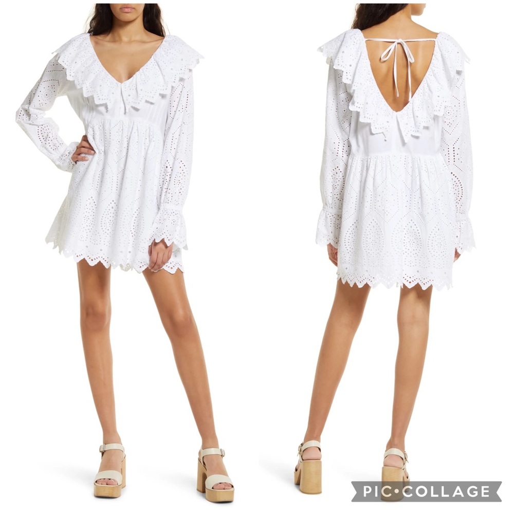 TopShop Broderie White Eyelet Ruffle Long Sleeve Mini Dress NWT